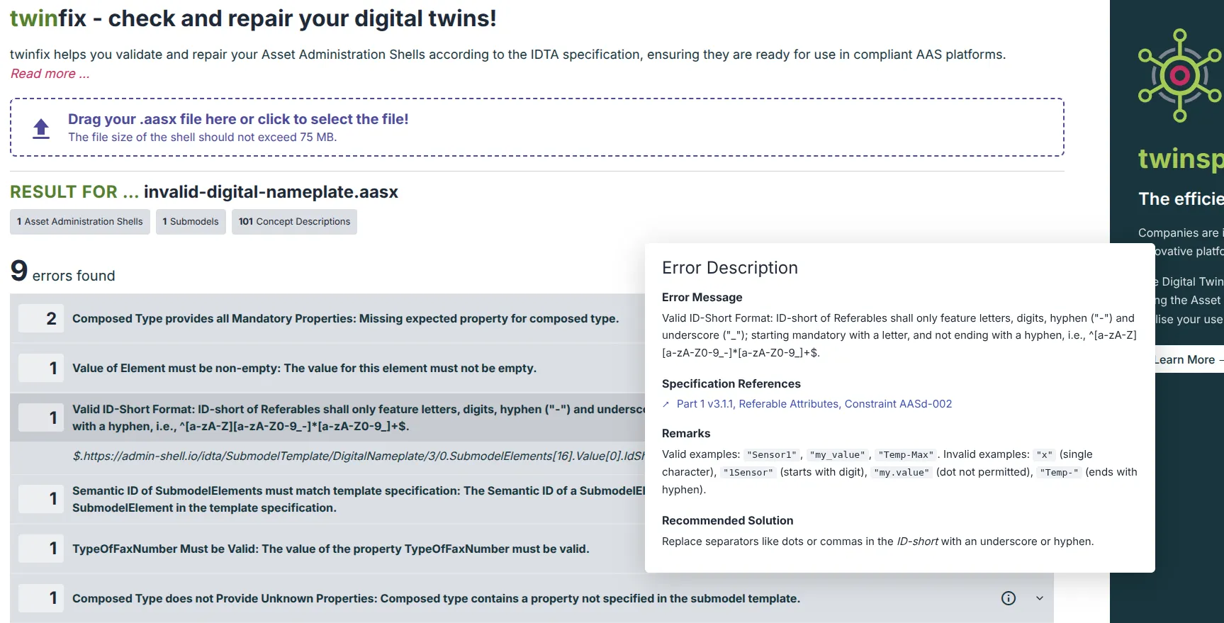 Screenshot of twinfix 2.0: the website shows a log of the errors
found in an .aasx package, and detailed information on the specifics of one
of the errors.